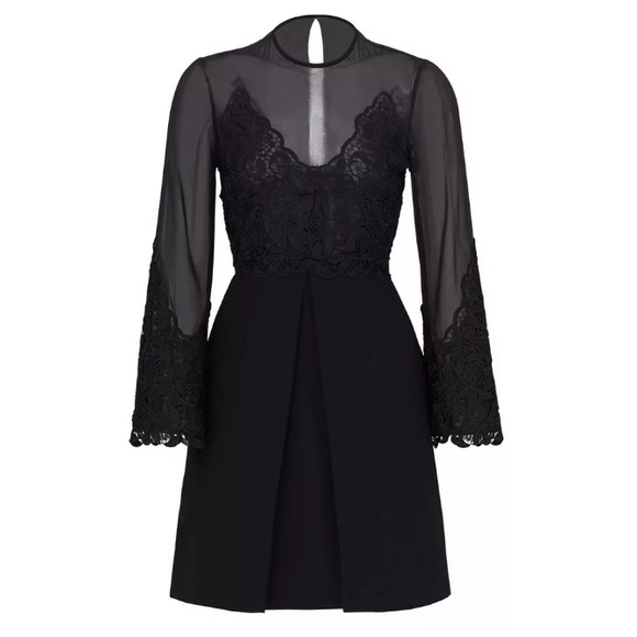 Jill Stuart Black 4 Pleated Lace Bell Sleeve Dress - Picture 1 of 5